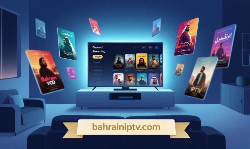 A person relaxing on a couch, enjoying a movie on a large screen with a Bahrain IPTV remote in hand.