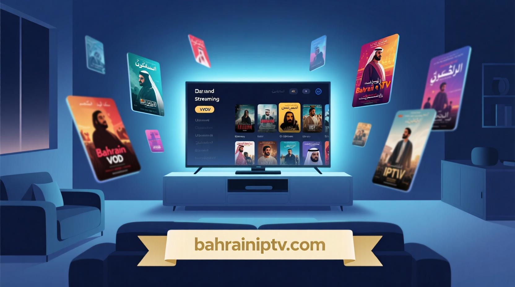 A person relaxing on a couch, enjoying a movie on a large screen with a Bahrain IPTV remote in hand.